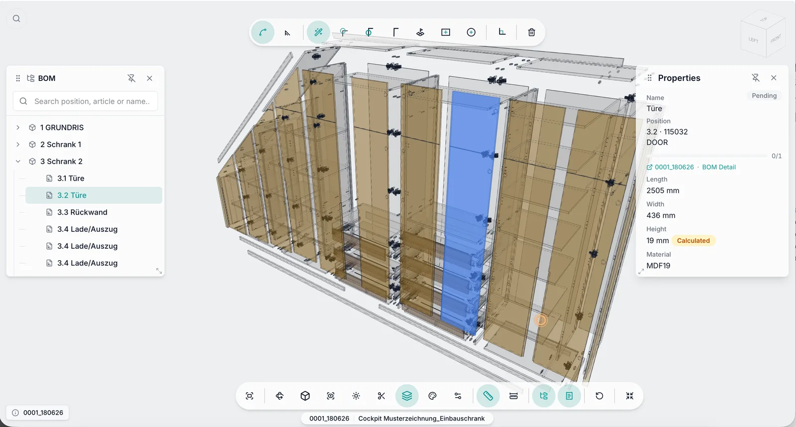 EVI Cockpit: 3D-Modell eines Einbauschranks mit Stückliste und Bauteileigenschaften
