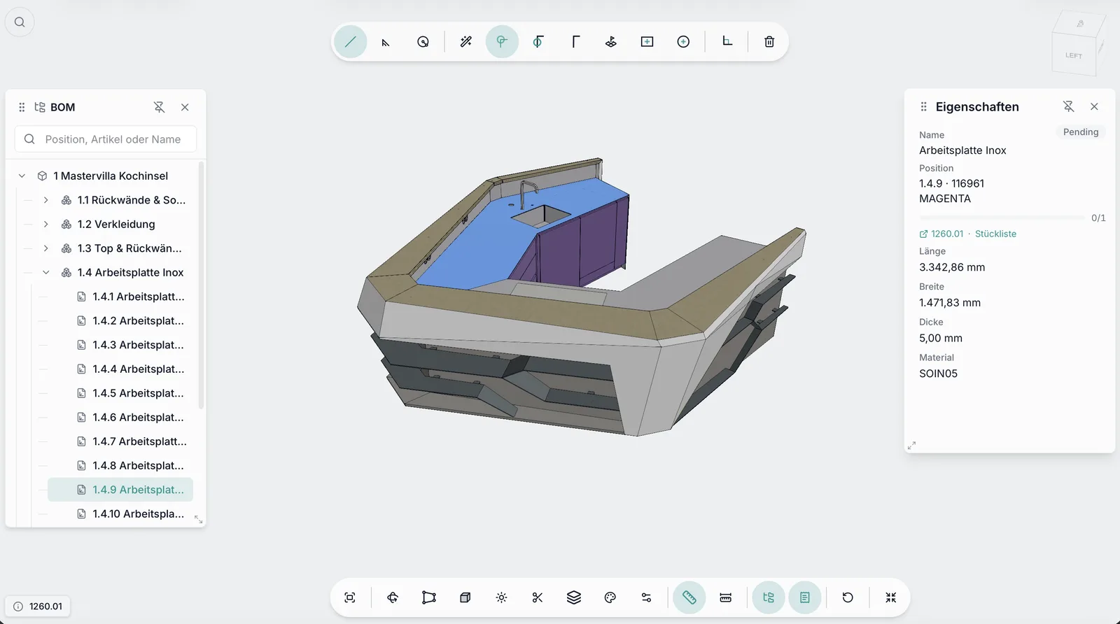 EVI Cockpit Basic: 3D-Modell einer Kücheninsel mit Stückliste und Bauteileigenschaften